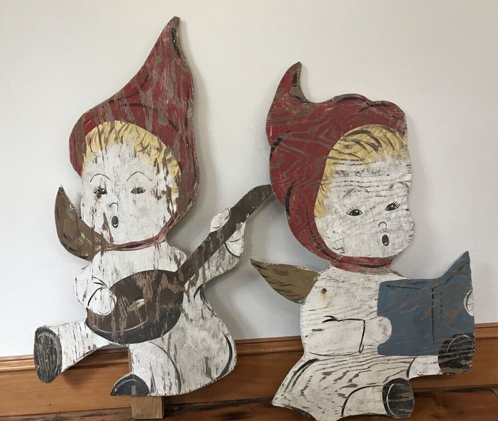 Set Pair Vtg 30" Handmade Christmas Carol Holiday Elves Wooden Yard Decorations